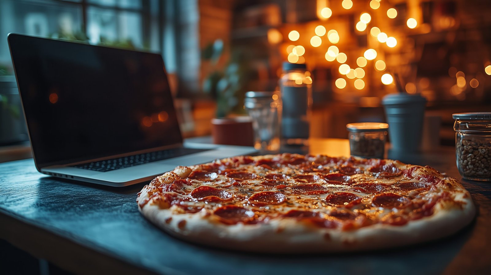 Pizza de pepperoni ao lado de um computador em uma pizzaria
